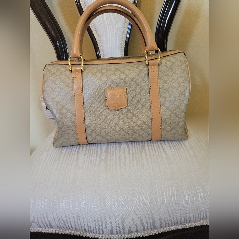 SOLD!!! Céline Brown Macadam Boston Bag Beige
